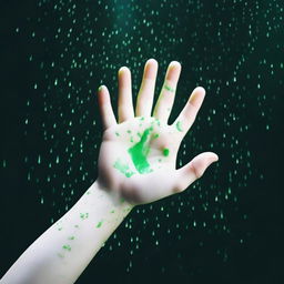 A completely dark background with green rain falling onto a hand