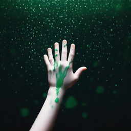 A completely dark background with green rain falling onto a hand