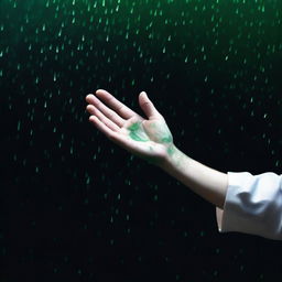 A completely dark background with green rain falling onto a hand