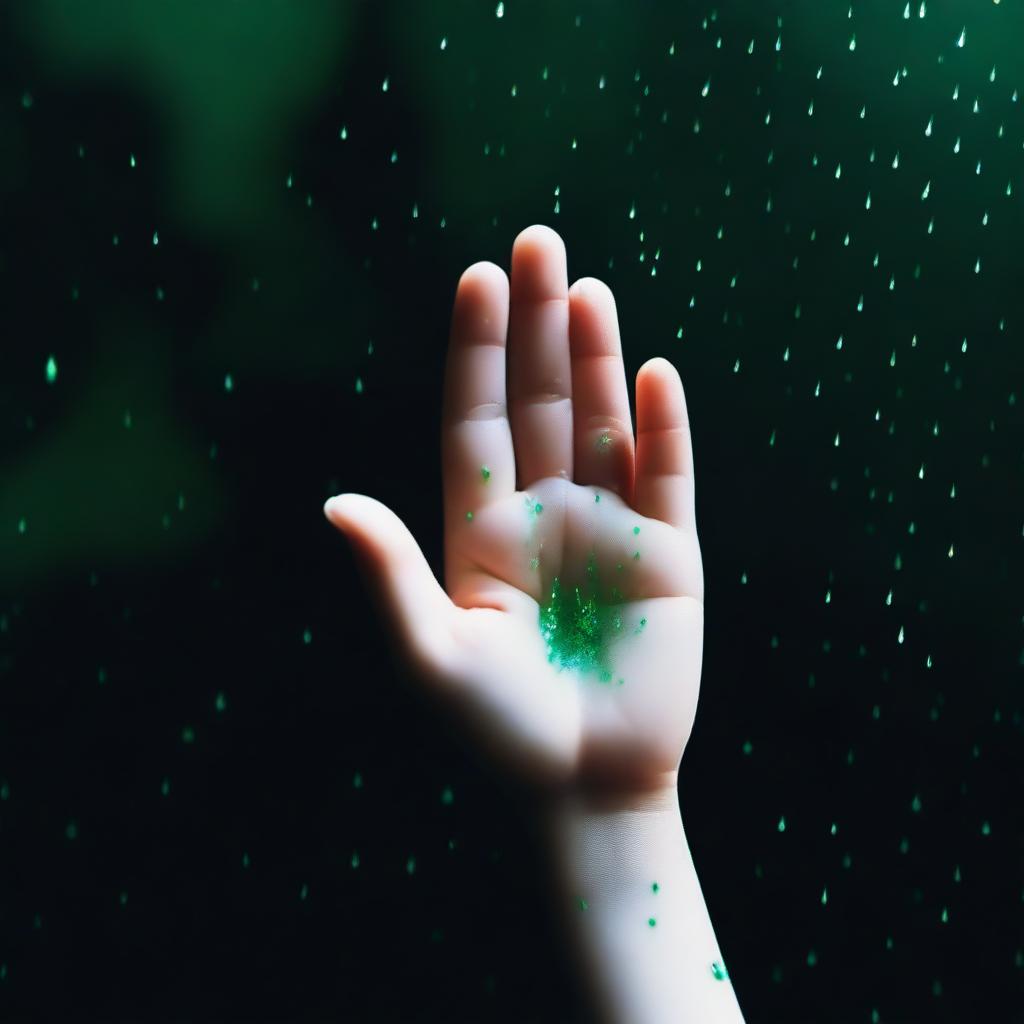 A completely dark background with green rain falling onto a hand