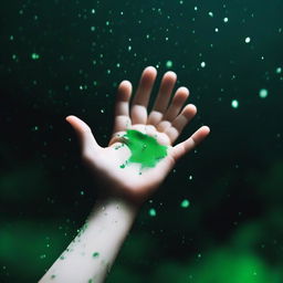 A completely dark background with green rain falling onto a hand