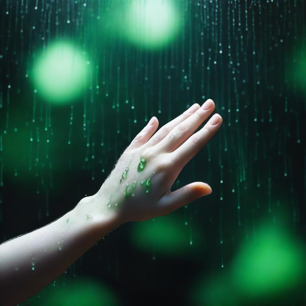 A completely dark background with green rain falling onto a hand