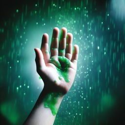 A completely dark background with green rain falling onto a hand