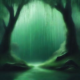 A completely dark background with green rain falling over a white gap