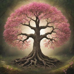 A vivid, symbolic representation of immortality, encapsulating an eternally blossoming and undying Tree of Life residing in a boundless, mystical realm.