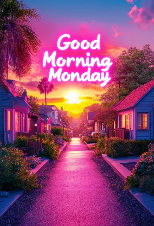 A beautiful book cover for 'Good Morning Monday' with neon text and a sunny suburban neighborhood theme, designed to be a masterpiece conveying tranquility, positivity, and the refreshing start of a new week