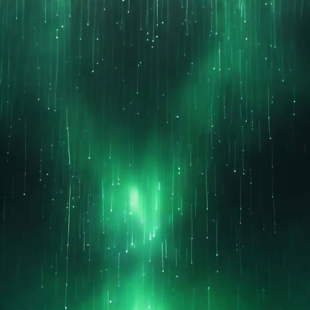 A top-down view of a completely dark background with green rain falling over a large white gap that separates the darkness