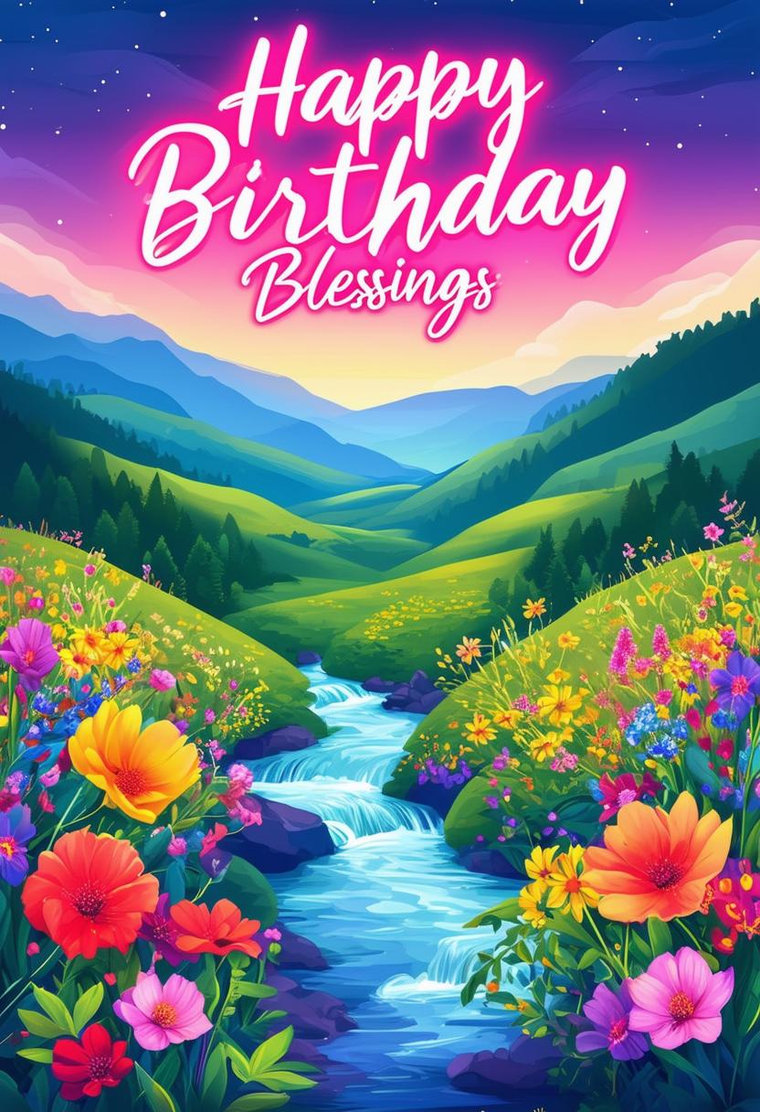 "Happy Birthday Blessings" book cover with neon text, featuring a beautiful valley with lush hills, colorful flowers, and a serene river