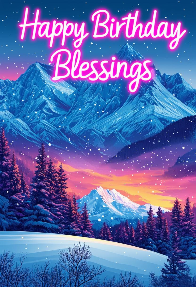 "Happy Birthday Blessings" book cover with neon text, featuring majestic snowy mountains and a serene wintry landscape