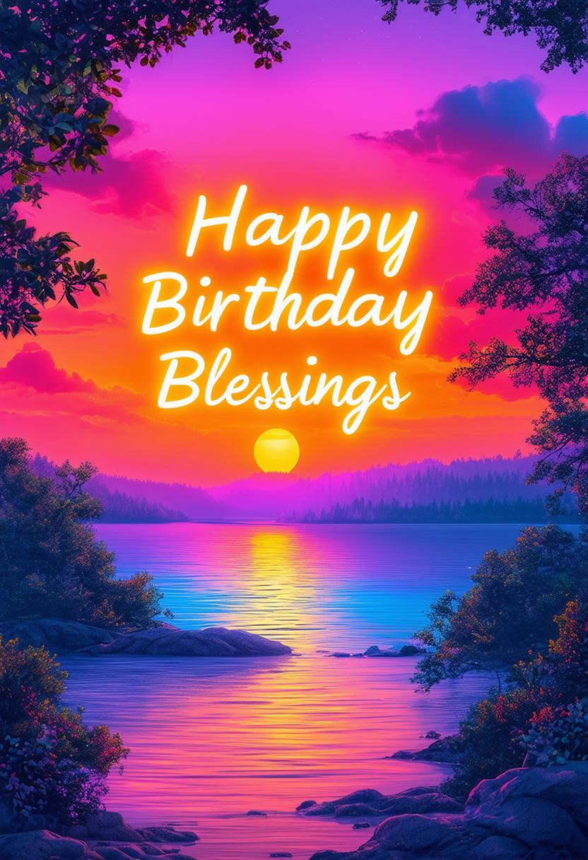 "Happy Birthday Blessings" book cover with neon text, featuring a scenic sunset with vibrant hues and a tranquil landscape