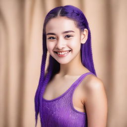 A model about 18 years old wearing a purple bodysuit, with long plaits and a cute smile