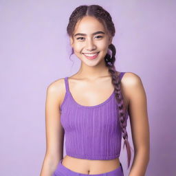 A model about 18 years old wearing a purple bodysuit, with long plaits and a cute smile