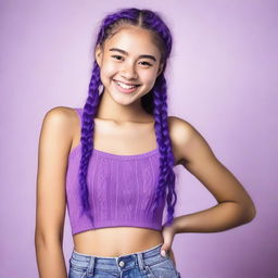 A model about 18 years old wearing a purple bodysuit, with long plaits and a cute smile