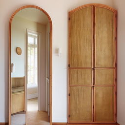 Small, classic entrance hall with a modern revamp, showcasing a large rattan closet. The colour palette ranges from beige to pistachio, complemented with a mirror and an aesthetically appealing entrance door.