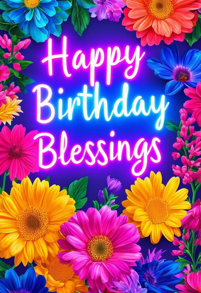 "Happy Birthday Blessings" book cover with neon text, featuring a vibrant and colorful array of flowers