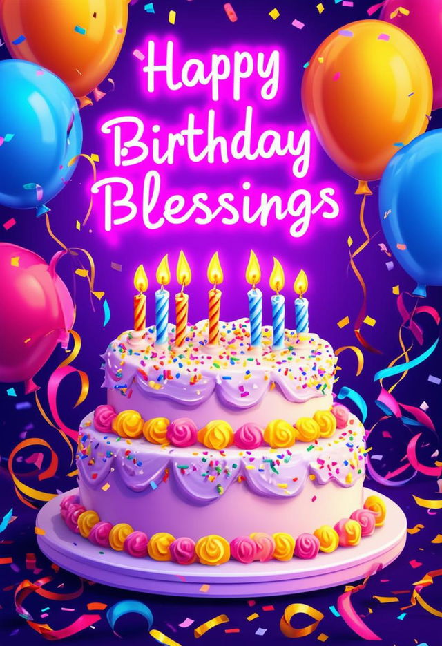 "Happy Birthday Blessings" book cover with neon text, featuring an elegant and festive birthday cake with candles, surrounded by balloons, confetti, and ribbons