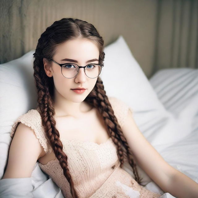 A cute young model about 18 years old lying on a bed, wearing an open corset