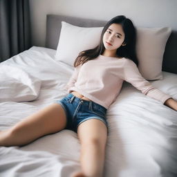 A full-body image of a young girl about 18 years old lying on a bed with her legs extended