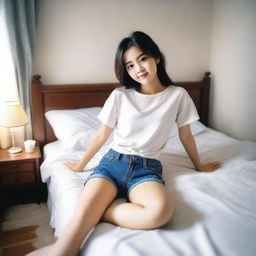 A full-body image of a young girl about 18 years old lying on a bed with her legs extended