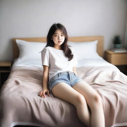 A full-body image of a young girl about 18 years old lying on a bed with her legs extended