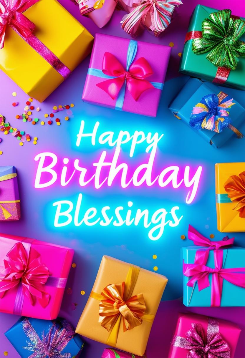 "Happy Birthday Blessings" book cover with neon text, featuring an array of beautifully wrapped birthday presents with vibrant wrapping paper, ribbons, and bows