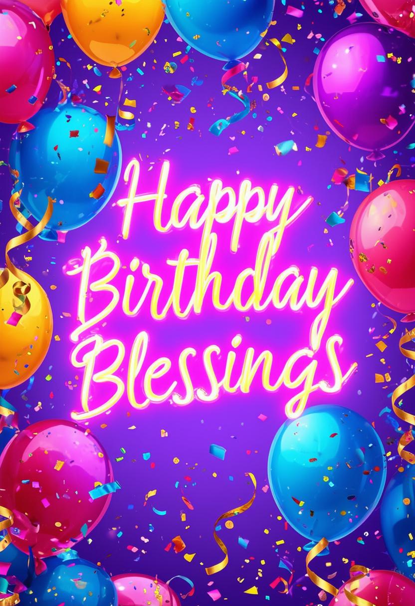 "Happy Birthday Blessings" book cover with neon text, featuring a dazzling array of glitter elements, confetti, balloons, and streamers