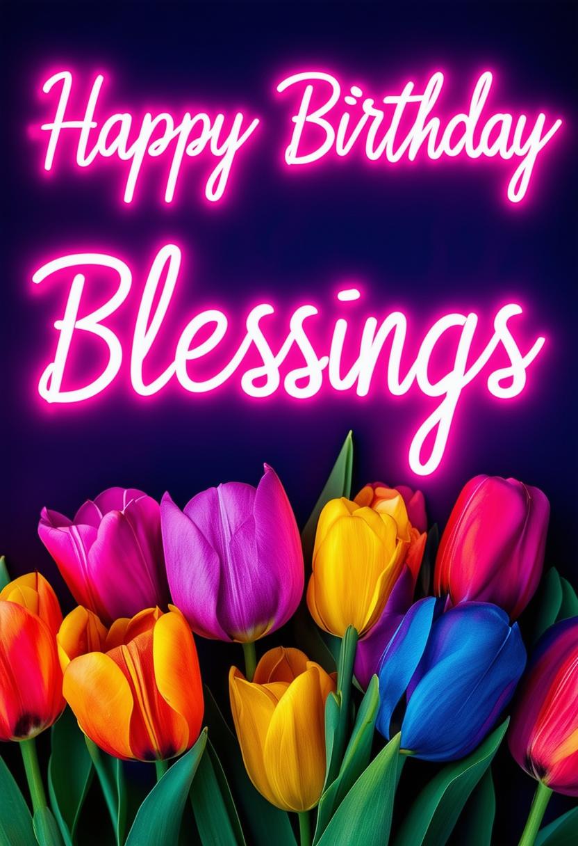 "Happy Birthday Blessings" book cover with neon text, featuring a stunning arrangement of vibrant tulip flowers