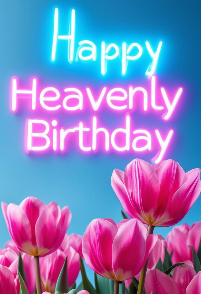 A beautiful book cover titled 'Happy Heavenly Birthday' featuring neon text and tulip flowers in a stunning and elegant layout