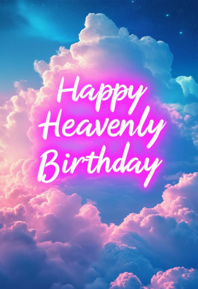 A beautiful book cover titled 'Happy Heavenly Birthday' featuring neon text and a heavenly sky with soft clouds and a celestial glow