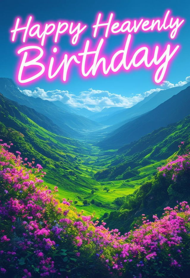 A beautiful book cover titled 'Happy Heavenly Birthday' featuring neon text and a picturesque valley with lush greenery and blooming flowers