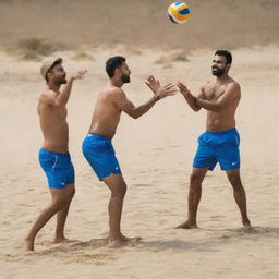 Virat Kohli and Rohit Sharma playing volleyball energetically on a sandy beach under a bright sunny day.