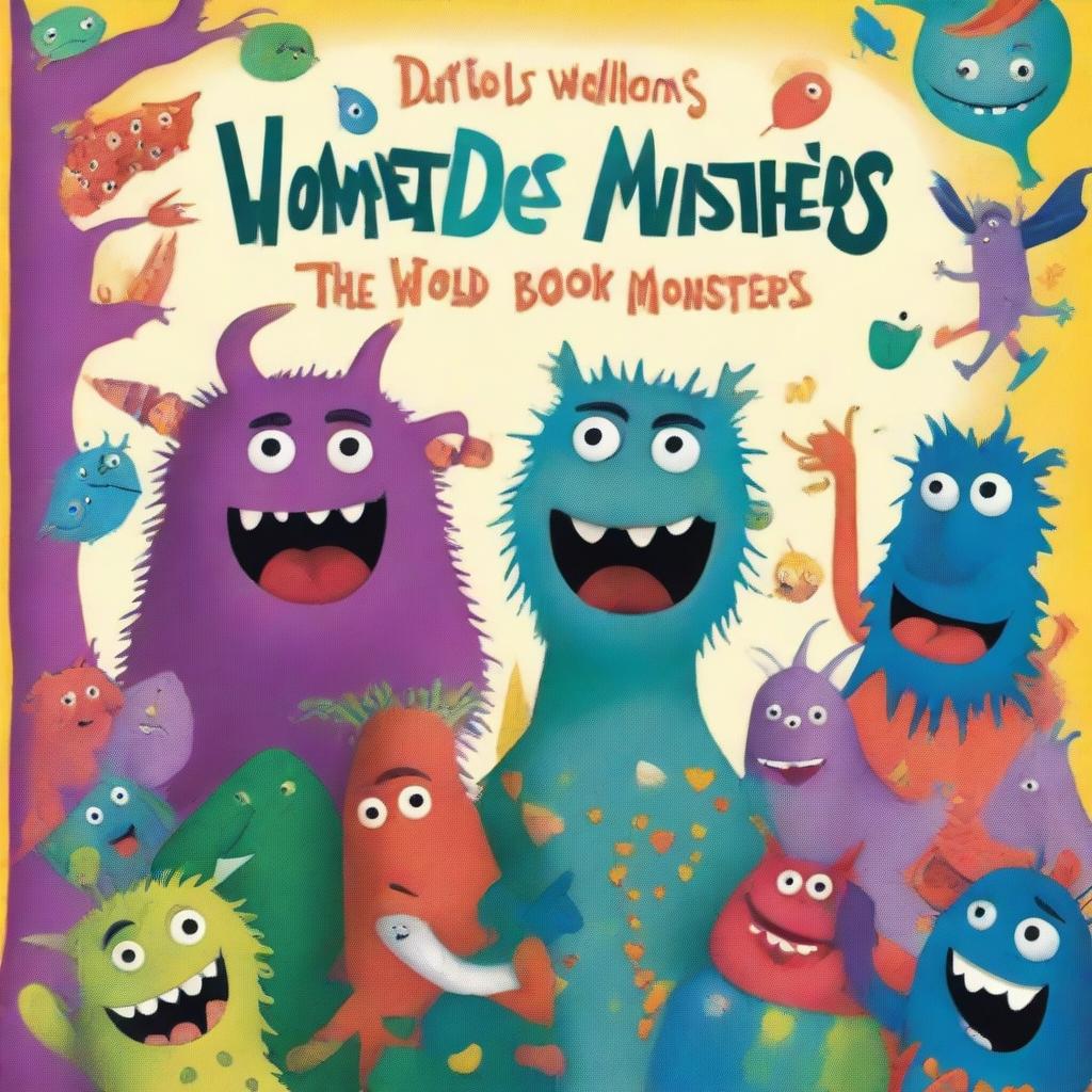 A detailed and imaginative book cover for a novel study of David Walliams' book titled 'The World's Worst Monsters'