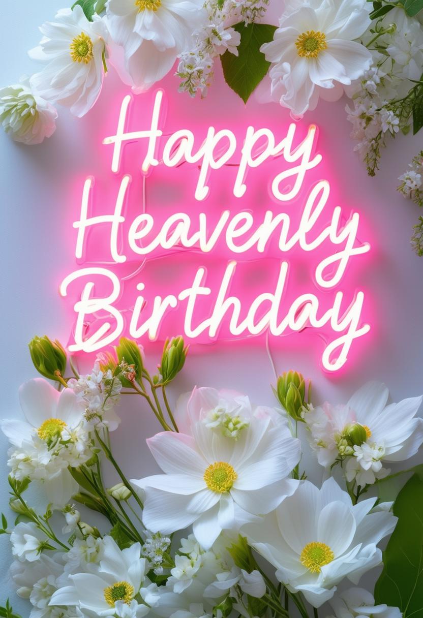 A beautiful book cover titled 'Happy Heavenly Birthday' featuring neon text and an elegant arrangement of white flowers.