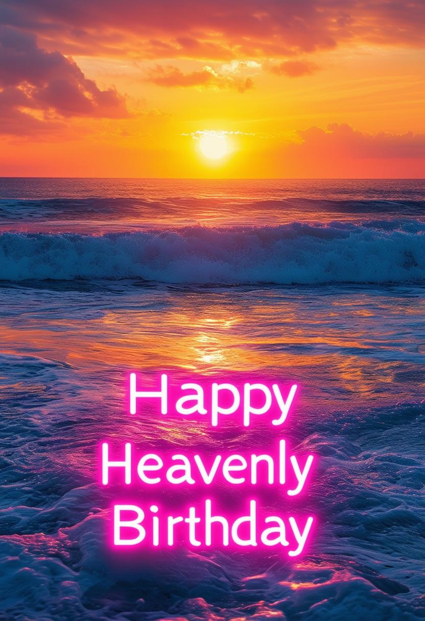 A beautiful book cover titled 'Happy Heavenly Birthday' featuring neon text and a breathtaking ocean sunset with warm, golden hues