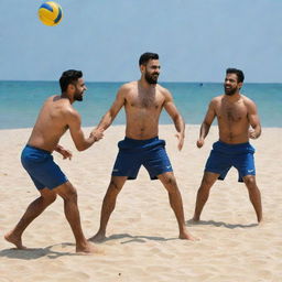 Virat Kohli and Rohit Sharma playing volleyball energetically on a sandy beach under a bright sunny day.