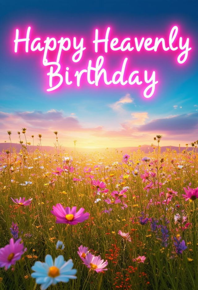 A beautiful book cover titled 'Happy Heavenly Birthday' featuring neon text and a picturesque field of wildflowers.