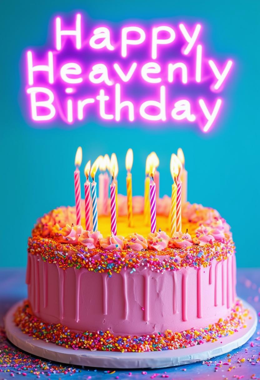 A beautiful book cover titled 'Happy Heavenly Birthday' featuring neon text and an exquisitely decorated birthday cake.