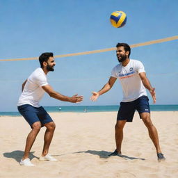 Virat Kohli and Rohit Sharma playing volleyball energetically on a sandy beach under a bright sunny day.