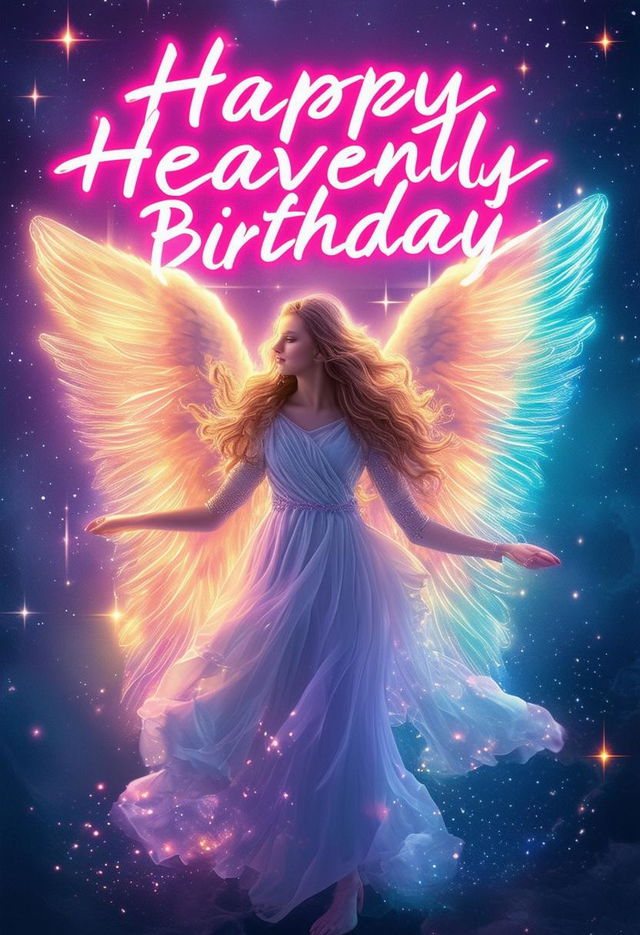 A beautiful book cover titled 'Happy Heavenly Birthday' featuring neon text and images of beautiful angels with ethereal wings