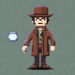 Create a 2D top-down pixel art sprite of an investigator in a 16-bit style