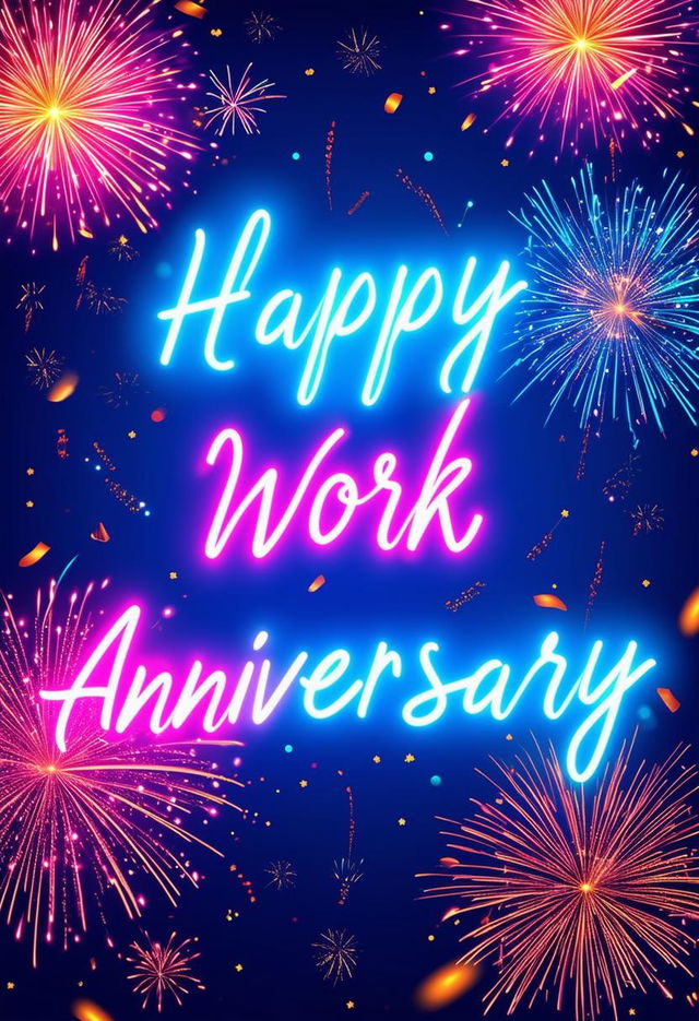 A beautiful book cover with 'Happy Work Anniversary' in neon text, featuring fireworks and a high-quality, celebratory design