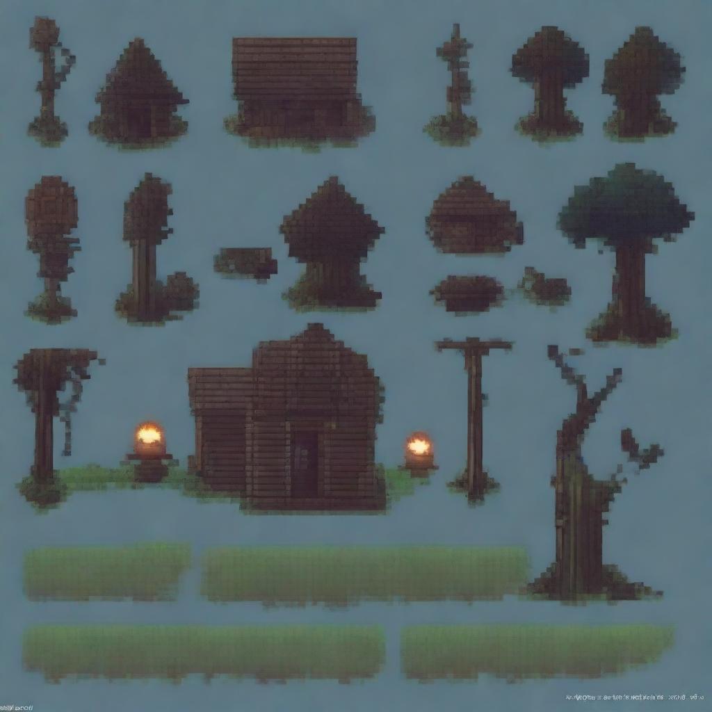 Create a top-down pixel art tileset for a horror-themed game