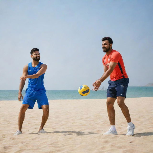 Virat Kohli and Rohit Sharma playing volleyball energetically on a sandy beach under a bright sunny day.