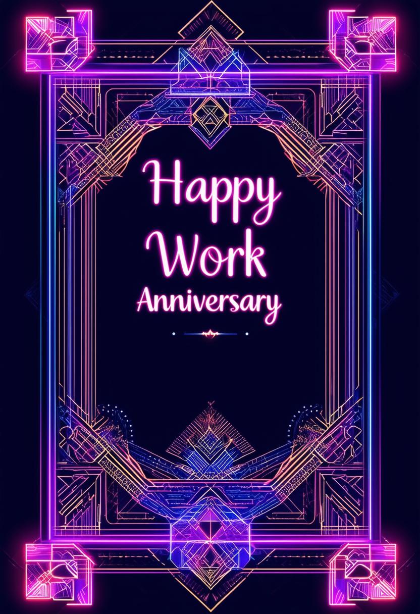 An elegant Art Deco-style book cover with 'Happy Work Anniversary' in neon text, featuring intricate geometric patterns and luxurious elements