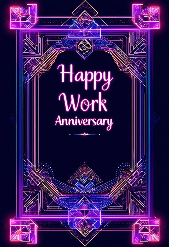 An elegant Art Deco-style book cover with 'Happy Work Anniversary' in neon text, featuring intricate geometric patterns and luxurious elements