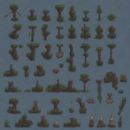 Create a top-down pixel art tileset in 16-bit style for a horror-themed game