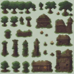 Create a top-down pixel art tileset in 16-bit style for a horror-themed game