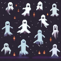 Create a 2D pixel art image featuring spirits or ghosts