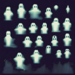 Create a 2D pixel art image featuring spirits or ghosts