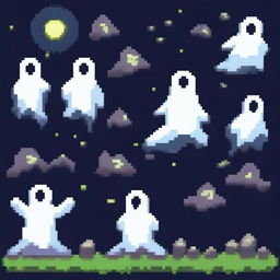 Create a 2D pixel art image featuring spirits or ghosts